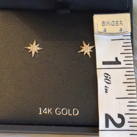 14K Yellow Gold Dainty CZ Star Earrings - Picture 3 of 7